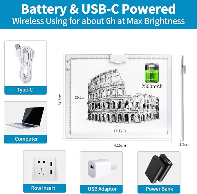 KOBAIBAN Wireless A3 Light Pad with Carry Bag, Foldable Stand, Top Clip, 3 Colors/Stepless/6-level Dimmable Brightness Rechargeable tracing Light Box/Board for Weeding Vinyl, Diamond Painting (White)