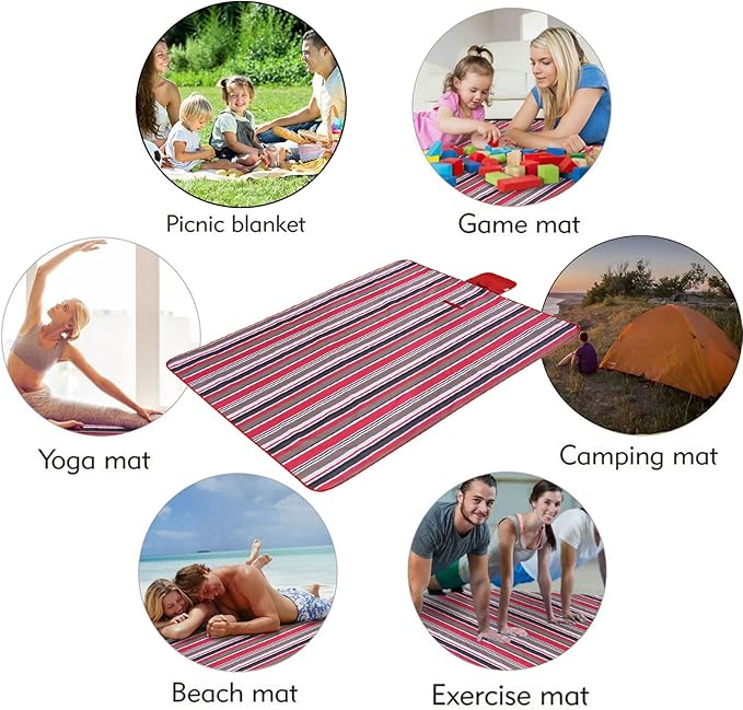Beach Blanket Picnic Mat Sandproof Waterproof Extra Large Outdoor Camping Blanket Foldable Portable Picnic Mat for Travel Hiking Music Festival Park Lawn Grass Red Lines