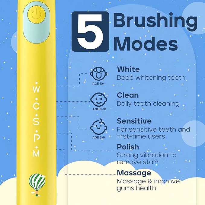 SEAGO Kids Electric Toothbrush, Rechargeable Sonic Soft Bristle Toothbrushes with 8 Brush Heads, DIY Stickers and 5 Modes, Ideal for Kids and Children, Ages 3–12,SG2303(Yellow)