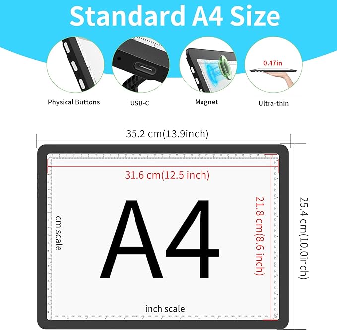 Phylosal Rechargeable A4 Light Pad with Built-in Stand & Bag, Magnetic Tracing Light Box for Drawing, Diamond Art Light Board with Side Button, Super Bright Light Table for Diamond Painting, Sketching