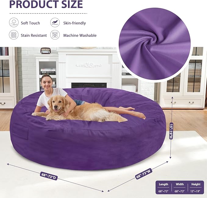 7FT Bean Bag Chair, Large Bean Bag Chairs with Memory Foam Filled, Fluffy Beanbag Sofa with Dutch Velvet Cover, Round BeanBag Chairs for Living Room, Playroom - Purple