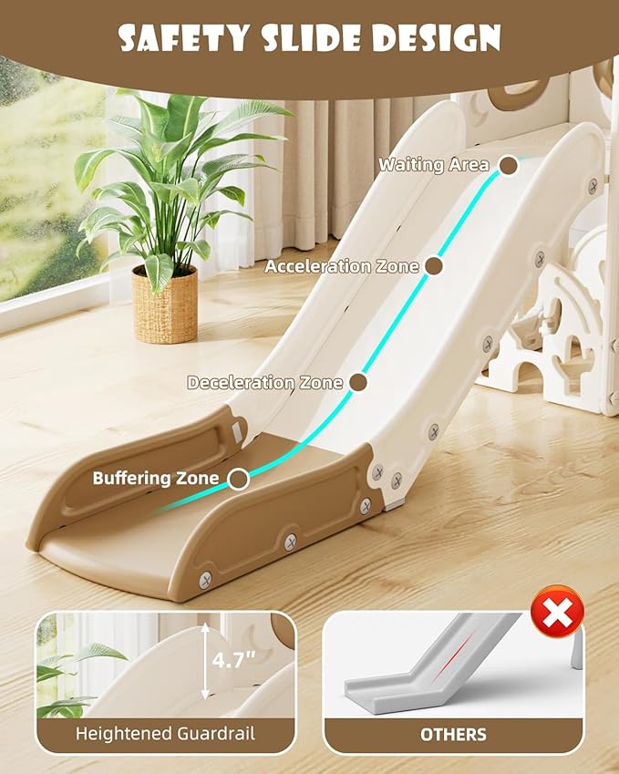 XJD 7 in 1 Toddler Slide, Kids Indoor Slide for Toddlers 1-3, New Upgrade with Golf, Basketball Hoop for Indoor Outdoor Playset,Toddler Playground (White Brown)