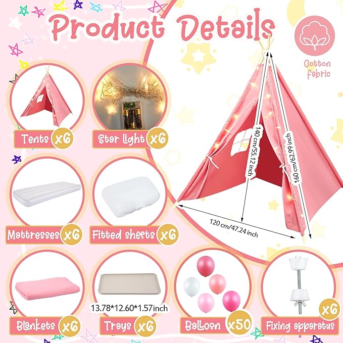 Windyun 6 Pack Kids Teepee Tent for Slumber Party Sleepover Tents for Girls Party with Air Mattress, Star Lights, Blankets Trays Sheets, Natural Cotton Toddler Play Teepee for Indoor Outdoor(Pink)