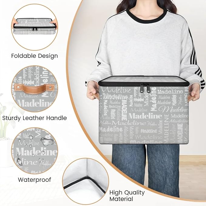 Custom Storage Basket with Name, Personalized Storage Bins with Zipper Lid, Foldable Fabric Storage Box Large capacity with Handle Grey