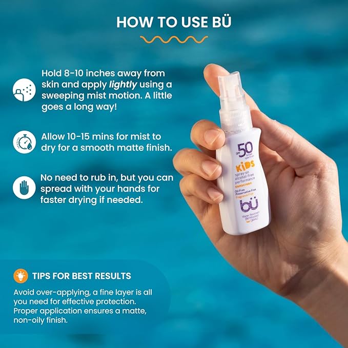 BU SPF 50 Kids Sunscreen Spray for Face and Body, Non Aerosol Spray, Fragrance Free, Clear, Non Greasy, Water Resistant, Fragrance Free 1 oz (3 Pack)