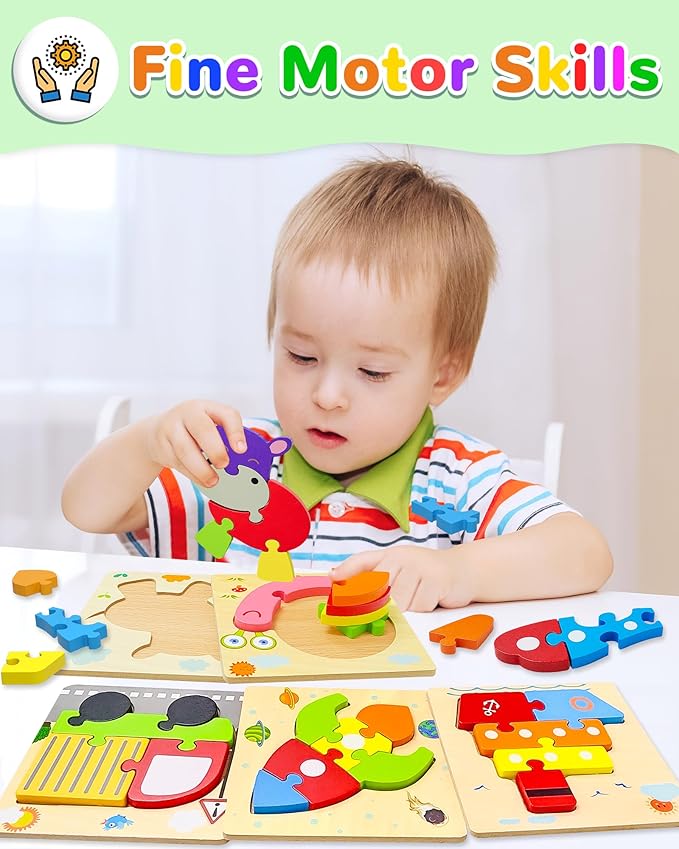 Yetonamr Wooden Toddler Puzzles Gifts Toys for 1 2 3 Years Old Boys Girls, 8 Vehicle Shape Montessori Toy Educational Blocks Kids Toys Gift Baby Learning Toy Age 1-3, 2-4