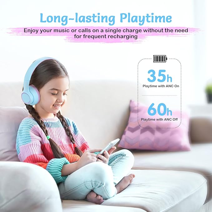 Active Noise Cancelling Headphones for Kids, 60H Playtime,Purple Wireless Bluetooth Over-Ear Headset Built-in Microphone for Home/School/Travel/Party - Includes Portable Case
