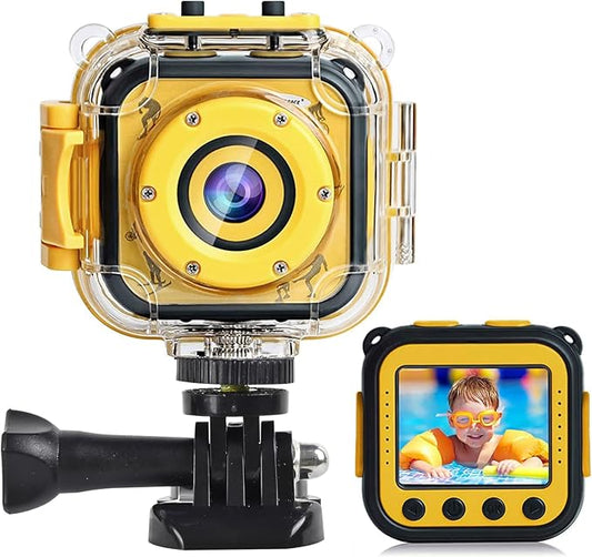 PROGRACE Kids Waterproof Camera - 3 4 5 6 7 8 9 10 Year Old Girl Birthday 1080P HD Underwater Video Camera for Kids Pool Toys Toddler Digital Cameras with 32GB Card Yellow