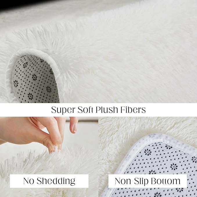 Fluffy White Rugs for Bedroom, 5x7 Plush Cream Area Rugs for Living Room, Non-Slip Shag Floor Carpet for Kids Room, Girls Room, Bedside, Playroom, Indoor Decor