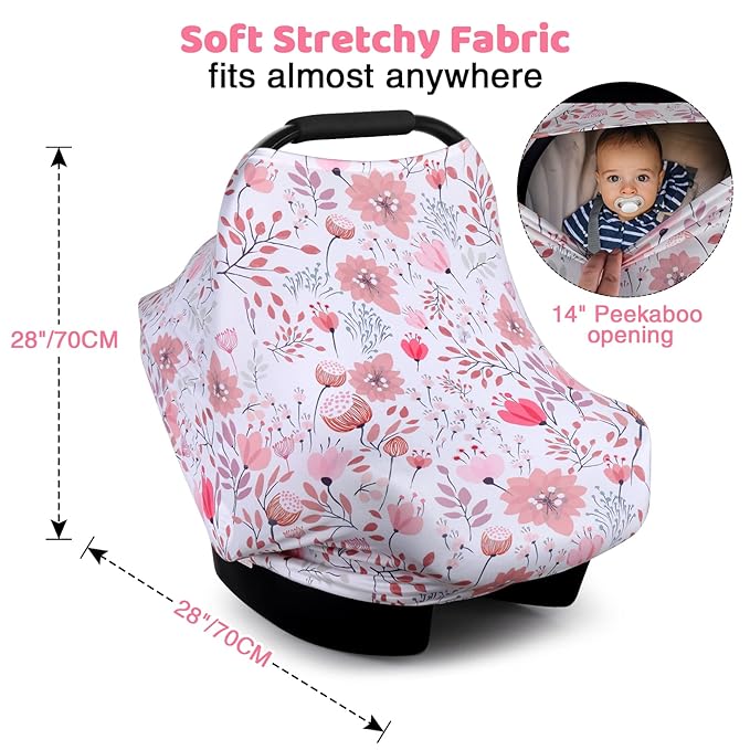 Rquite All-in-1 Car Seat Cover Baby, Carseat Covers for Girl Boy, Stretchy Soft Infant Car Seat Cover, Multi-use Baby Carrier Cover, Car Seat Canopy, Stroller Sun Shade, Nursing Breastfeeding Cover