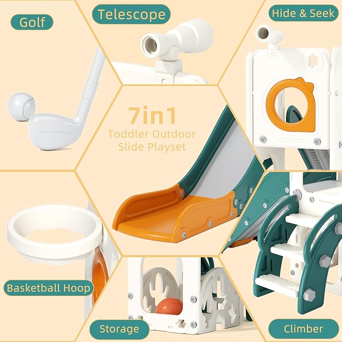 KORIMEFA 7 in 1 Toddler Slide, Kids Slide for Toddlers Baby 1-3 Years Old, Indoor and Outdoor with Basketball Hoop & Golf Set, Plastic Slides for Kids Easy Assembly, Green