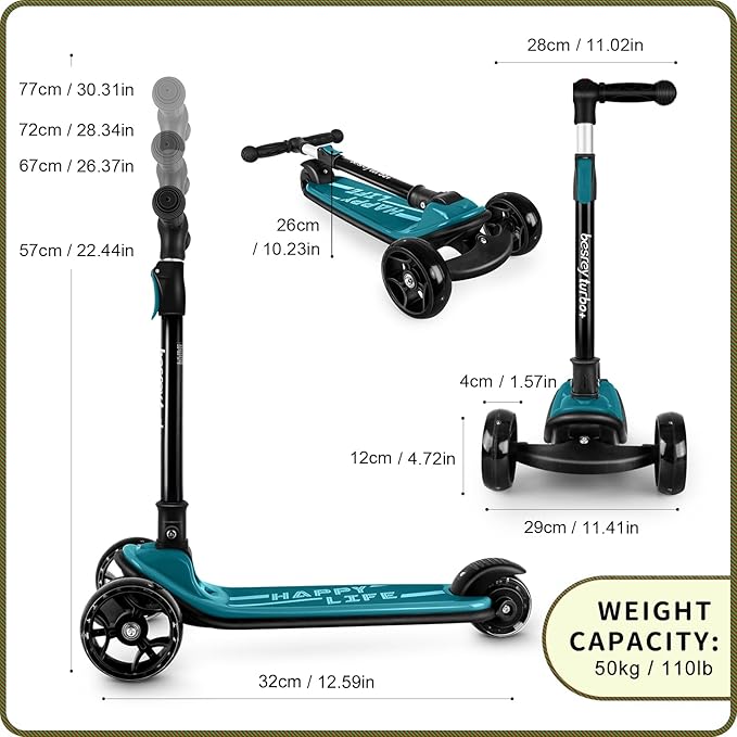 Besrey Kick Scooter for Kids Ages 3-10, 3-Wheel Folding Scooter with Adjustable Height, LED Light Wheels, Extra Wide Deck for Outdoor Activities