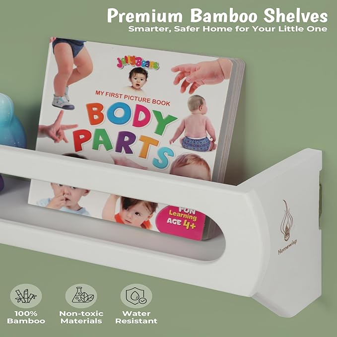 Bamboo Nursery Book Shelves, Fully Assembled For Easy Use - Set of 3 Floating Shelves for Wall Kids, Wall Mounted Book Shelves For Kids Room, Baby Room, Toddler Room, Nursery Decor, 16.5 Inch White