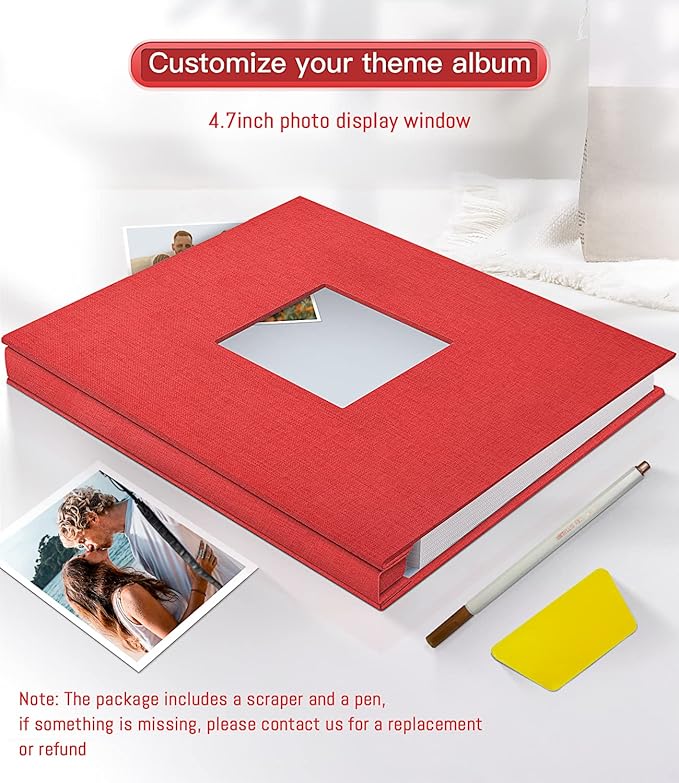 popotop Photo Album Self Adhesive with Picture Display Window,40 Pages DIY Scrapbooking Supplies Kit for 4x6 10x12 Picture,Linen Cover Memory Book for Baby Wedding, with Scraper and Metallic Pen