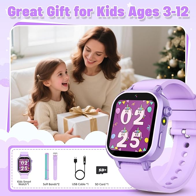 Kids Waterproof Smart Watch Girls Gift Age 3-12 with 39 Game HD Touch Screen Music Player Video Camera Pedometer Alarm Clock Toys Birthday Gifts for 6 7 8 9 Year Olds Purple