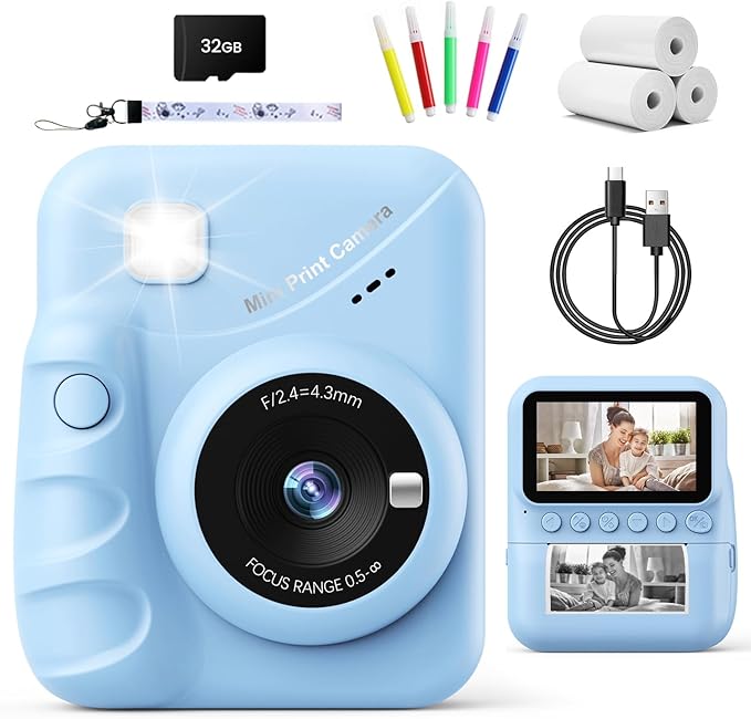 Kids Camera Instant Print for Girls Ages 3-14, 3-inch HD Screen Camera for Kids with Printing Paper, 1080P Digital Toddler Toys for 4 5 6 7 8 9 10 11 12 Years Old (Blue)