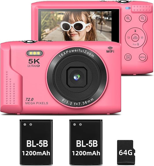 T TAKMLY Digital Camera 5K, Autofocus 16x Zoom 72MP Point and Shoot Cameras Compact Portable with Flash for Kids Boys Girls Teens Students, Anti Shake 2.8'' Screen, 64GB Card Include, Pink