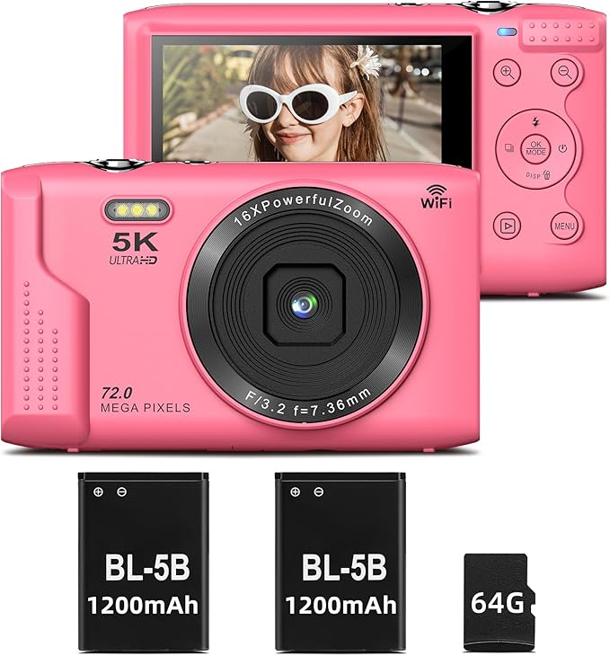 T TAKMLY Digital Camera 5K, Autofocus 16x Zoom 72MP Point and Shoot Cameras Compact Portable with Flash for Kids Boys Girls Teens Students, Anti Shake 2.8'' Screen, 64GB Card Include, Pink
