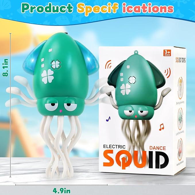 USB Rechargeable Dancing Octopus Baby Toy - Electric Crawling & Tummy Time Toy, Magical Musical Squid, Stress-Relief Desk Decor - Birthday for Kids Ages 1 2 3 4 5 6, Boys (Green)