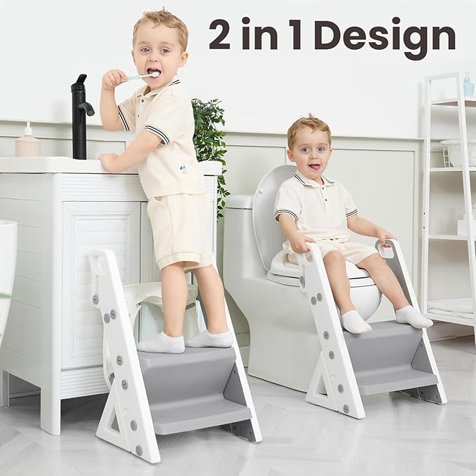 Primlect Space-Saving Potty Training Seat with Ladder, Adjustable Step and Toilet Seat Height, Top Handles for Easy Climbing, Easy to Carry, Portable Toddler Toilet Trainer for Small Bathrooms