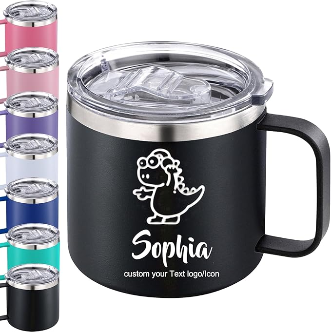 Personalized Mug Cup with Handle 12/14oz Custom Stainless Steel Mugs Customized Name Coffee Tumbler for Women Men Student Family Office Gifts, Text