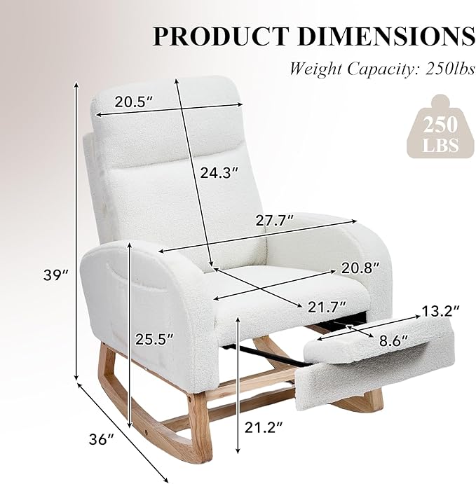 NIOIIKIT Oversized Nursery Rocking Chair, Teddy Upholstered Glider Chair with Footrest, Large Glider Rocker with Side Pocket, Rocking Accent Chair, Glider Recliner for Living Room (White Teddy)
