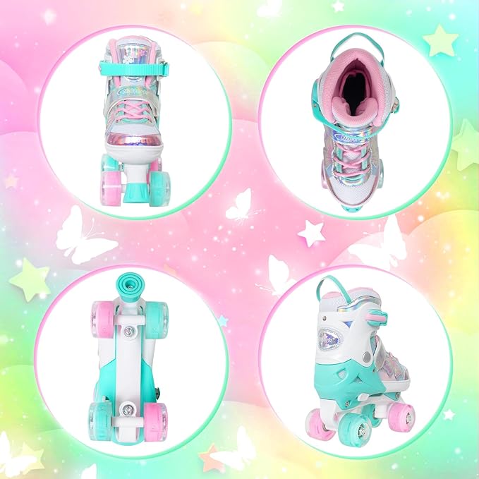 Nattork Kids Roller Skates for Girls Boys Kids, 4 Sizes Adjustable Quad Skates Butterfly and Flower with All Light up Wheels - Birthday Gift for Indoor Outdoor Sports
