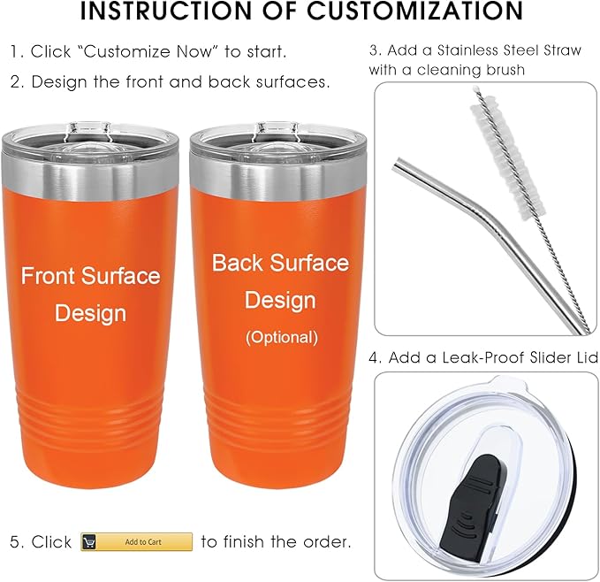 Personalized Gifts, Travel Coffee Mug, Engraved Tumbler with Names and Text, Personalized Cups Double Walled Insulated Coffee Cup for Travel, Work, Gym, Gift for Her, (Orange, 20oz)