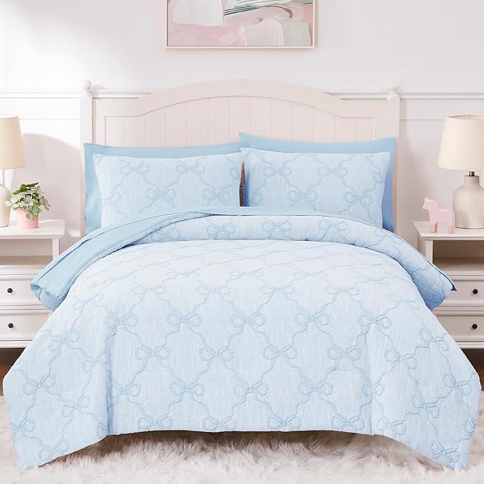 Full Size Comforter Sets with Sheets for Girls-7 Pieces Full Size Bedding Sets with Light Blue Comforter, Sheets, Pillowcases & Shams for Kids (Light Blue Diamond, 76" X 86")