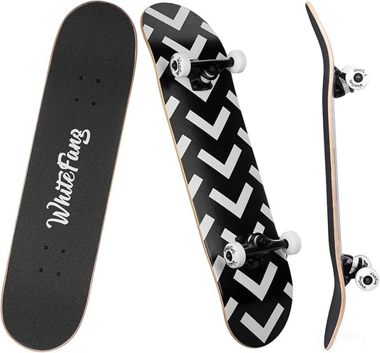 WhiteFang Skateboards for Beginners, Complete Skateboard 31 x 7.88, 7 Layer Canadian Maple Double Kick Concave Standard and Tricks Skateboards for Kids and Beginners