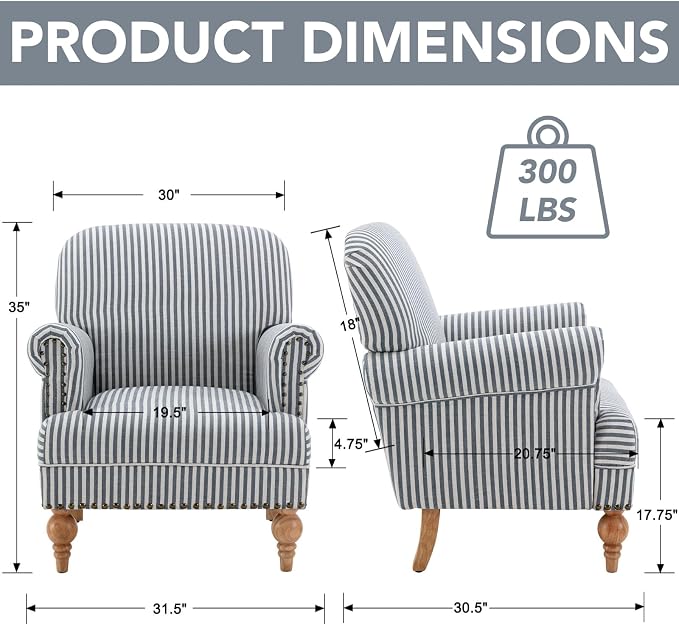 Blue Striped Linen Fabric Accent Chairs Set of 2, Coastal Upholstered Armchairs - Image 2
