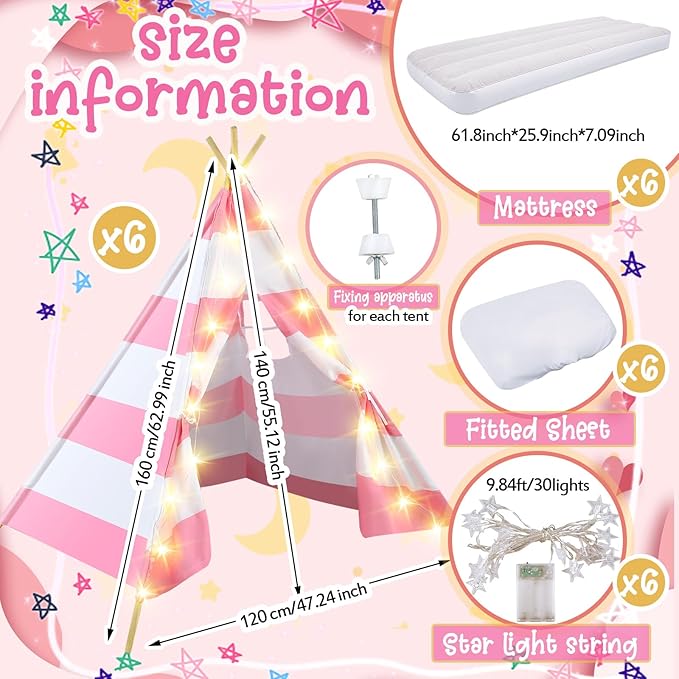 6 Pack Sleepovers Teepee Tent for Kids Bulk with Mattress Sheet Light,Natural Cotton Washable Indoor Play Tent for Birthday Slumber Party Girls Boys Pajama Movie Night Supplies(Pink, White)