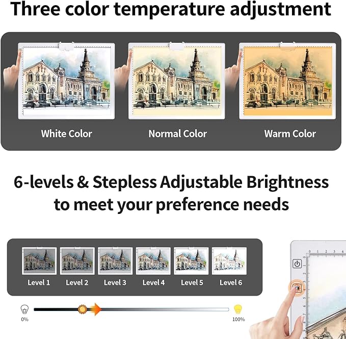 Rechargeable A3 Diamond Art Light Board,Light Pad with Stand and Clip,3 Colors Stepless Dimmable and 6 Levels of Brightness Light Box for tracing,Diamond Painting,Drawing,Sketching(White)