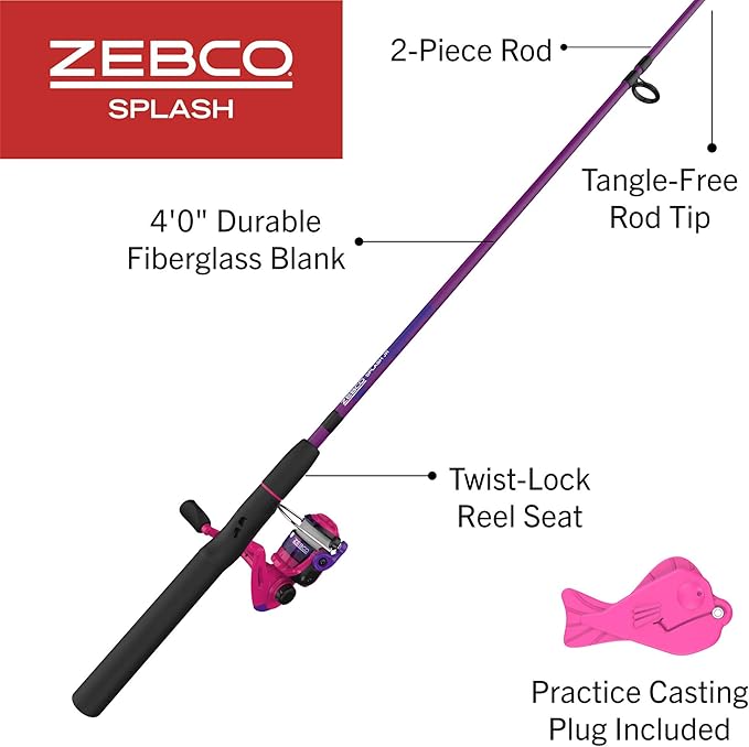 Zebco Splash Junior Spinning Reel and Fishing Rod Combo, 4-Foot 2-Piece Fishing Pole, Size 10 Reel, Changeable Right- or Left-Hand Retrieve, Pre-Spooled with 6-Pound Zebco Line