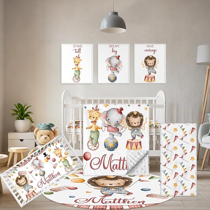 Custom Baby Crib Bedding Set, 5 Pcs Personalized Name Baby Crib Set with Double Layer Blanket, Soft Circus Animals Nursery Bedding Set for Girls Boys, Customized Gifts for Infants Toddlers