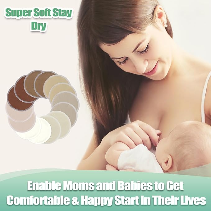 wegreeco Nursing Breast Pads (14 Pack) + Laundry Bag & Travel Storage Bag, 4.7 inch - Washable & Reusable Breastfeeding Nursing Pads (Brown, Plain Shape)