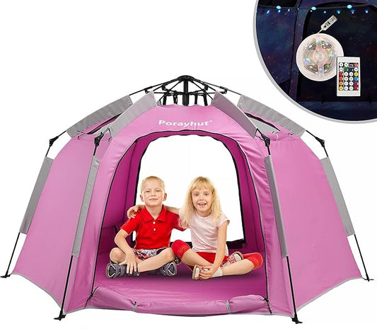 Portable Hexagon Kids Play Tent with LED Strip Lights Indoor Children Play House Easy Set-up Space Dream Tent for Night 4-5 Person & Birthday Gifts