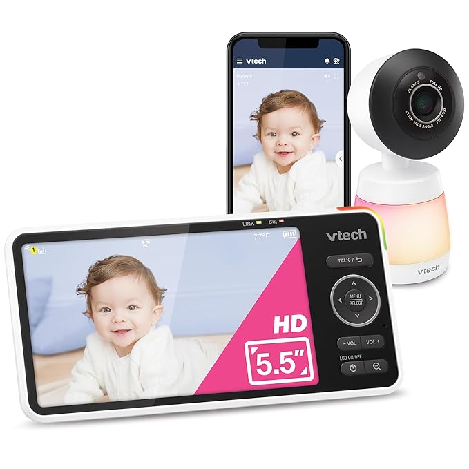 VTech Smart WiFi Baby Monitor, 2K CMOS Sensor Camera, 5.5-inch HD IPS Screen, Clear Infrared Night Vision, Pan-Tilt, 24x Zoom, 2-Way Talk, Multi-Color Night Light, Soothing, Free App: Smart HD Plus
