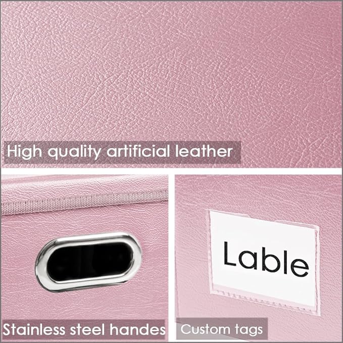 PRANDOM Collapsible Storage Box with Lid [1-Pack] Leather Fabric Foldable Storage Bin Organizer Container Basket Cube with Cover for Home Bedroom Closet Office Nursery Pink (13.6x9.6x6.9)