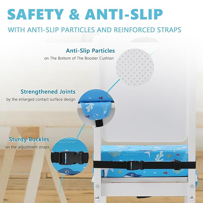 Booster Seat for Kitchen Chair with Adjustable Straps, Toddler Booster Seats for Dining Table Portable for Travel Camping Eating, Booster Cushion for Table for Baby Child Infant Kid Boy Girl