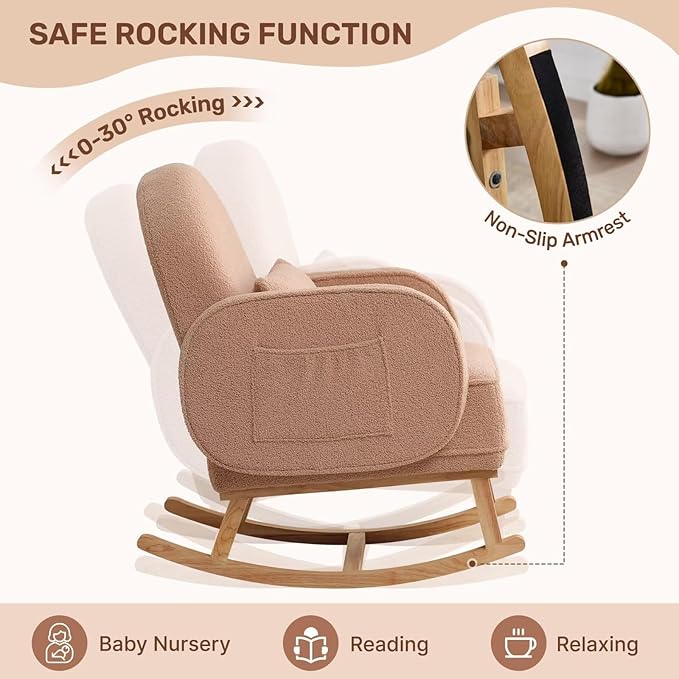 Rocking Chair Nursery with Ottoman, Upholstered Glider Rocker with High Backrest and Side Pocket, Rocking Accent Armchair with Solid Wood Legs for Nursery, Living Room, Bedroom Coffee