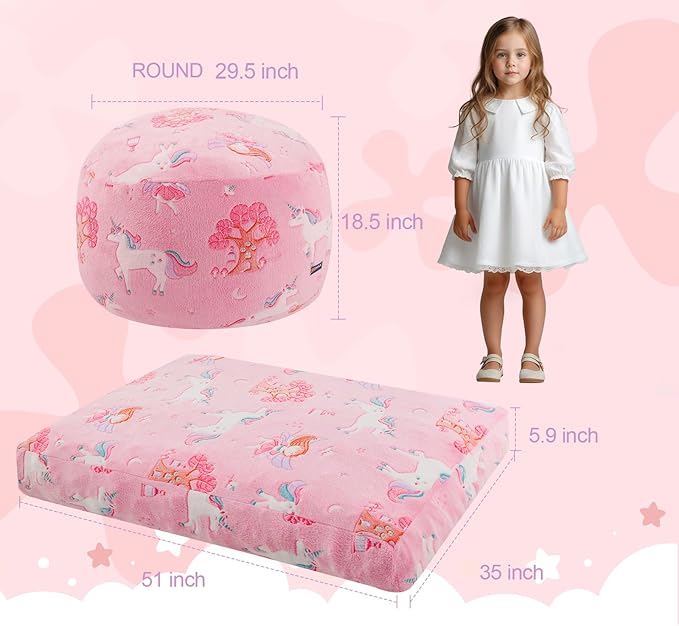 COMAX Kids Bean Bag Chair Turn into Beanbag Bed, Toddler Bean Chair for Girl Boy Sleeping, Lazy Children Bean Bags with Filler, Convertible Child Floor Mattress, Pink Fairy