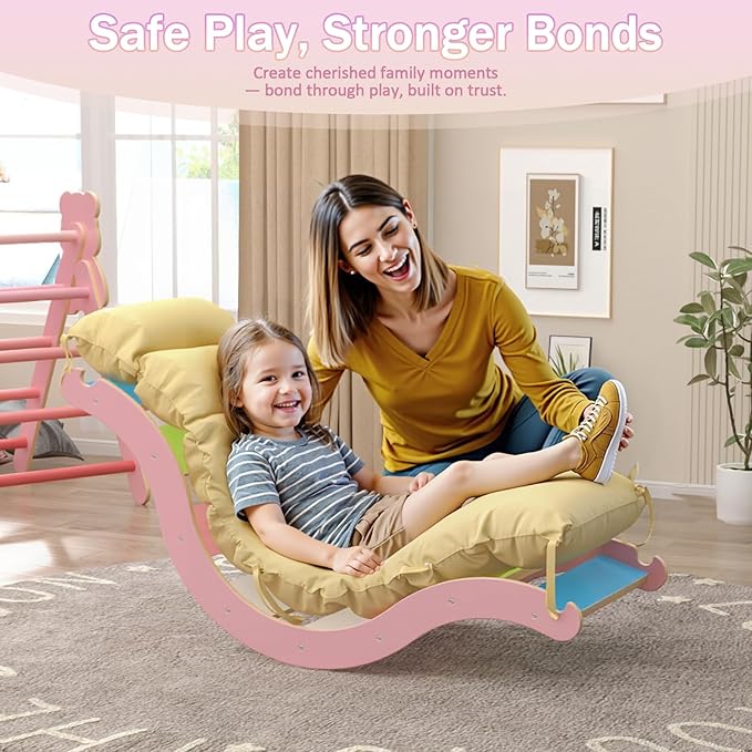 Pikler Triangle Set with Cushion 9 in 1, Climbing Toys for Toddlers 1-3, Montessori Indoor Baby Playground for Safe Motor Skills Development, Large Foldable Wooden Climbing Toys Set for Playroom