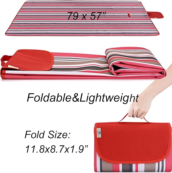 Beach Blanket Picnic Mat Sandproof Waterproof Extra Large Outdoor Camping Blanket Foldable Portable Picnic Mat for Travel Hiking Music Festival Park Lawn Grass Red Lines