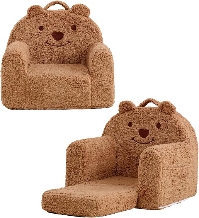 Toddler Chair,Sherpa Bear Kids Chair,Toddler Couch Fold Out,Children Reading Chair,Flip Out Kids Couch,Toddler Sofa Convertible for Age 1-3(Brown Bear)