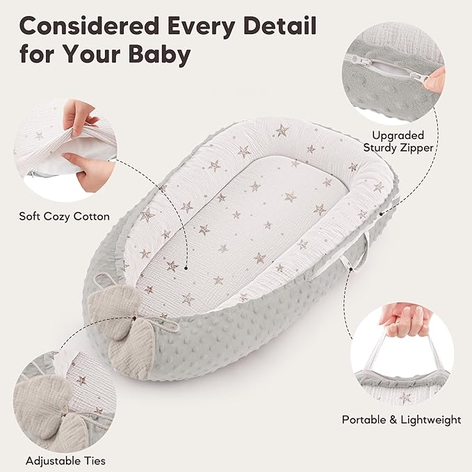 Baby Lounger - Infant Lounger Pillow for Newborn 0-24 Months, Soft, Breathable & Portable Baby Lounger Pillow for Boys & Girls, Cozy Baby Floor Seat for Home & Travel (Beige Star)