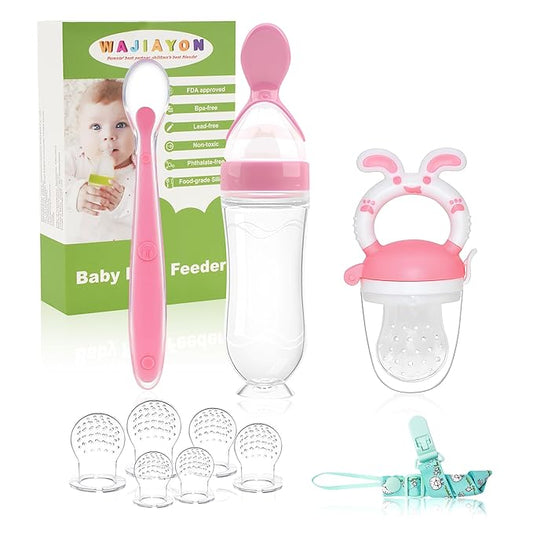 WAJIAYON Baby Fruit Feeder Pacifier | Infant Food Feeder Pacifier & Baby Food Dispensing Spoon | Mesh Fresh Fruit Teethers for Babies | Infant Teething Feeders Shower Gifts for Boys and Girls(Blush)