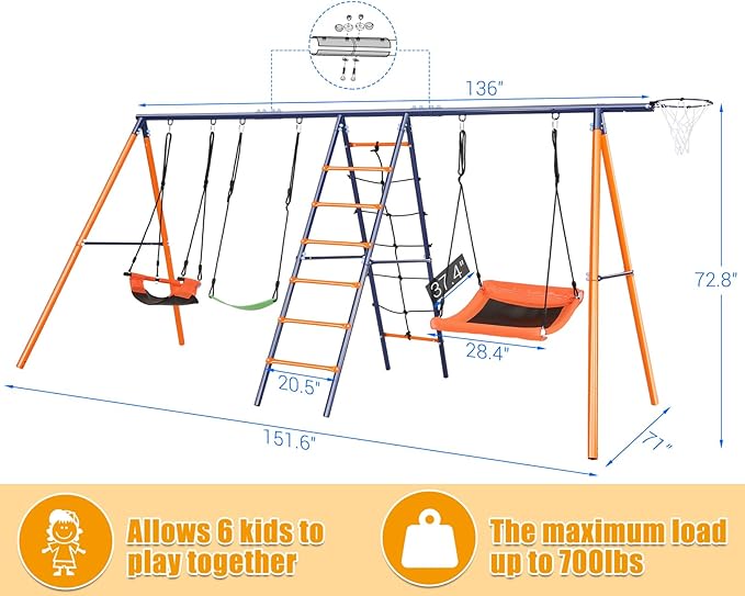 Swing Sets for Backyard 3 Seats - 6 in 1 Swing Set Outdoor for Kids, Extra Large Heavy Duty Metal Swing Frame with 3 Adjustable Swings, Climbing Ladder and Net, Basketball Hoop, Load 700 lbs