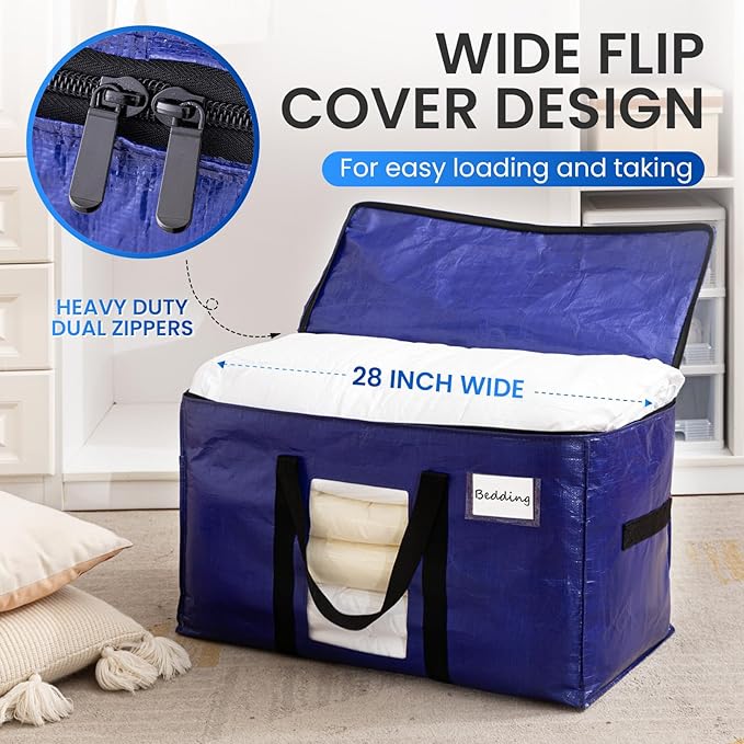 TAILI 10 Pack Dark Blue Extra Large Moving Bags, Heavy Duty Totes with Visible Window, Wrap Around Handles, Great for Space-Saving
