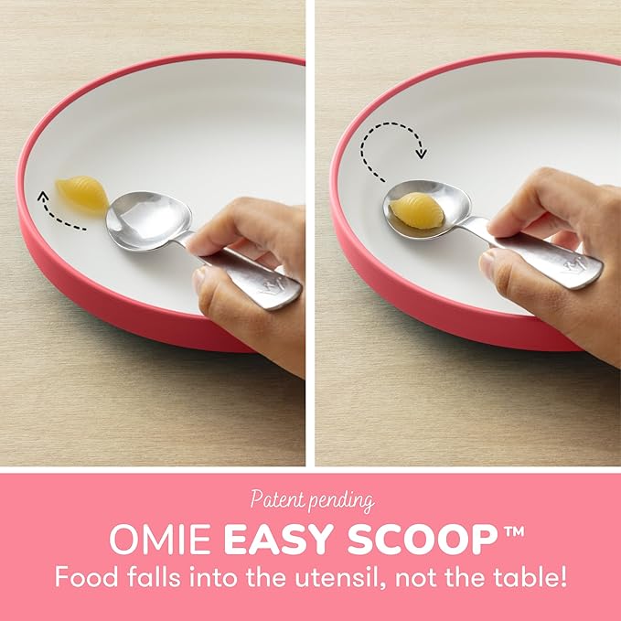 Omie® Easy Scoop Plates for Kids | Unique Design Helps Food Fall into the Spoon, Not on the Table | Made from Plants | 3 Plates + 2 Silicone Dividers | Pink